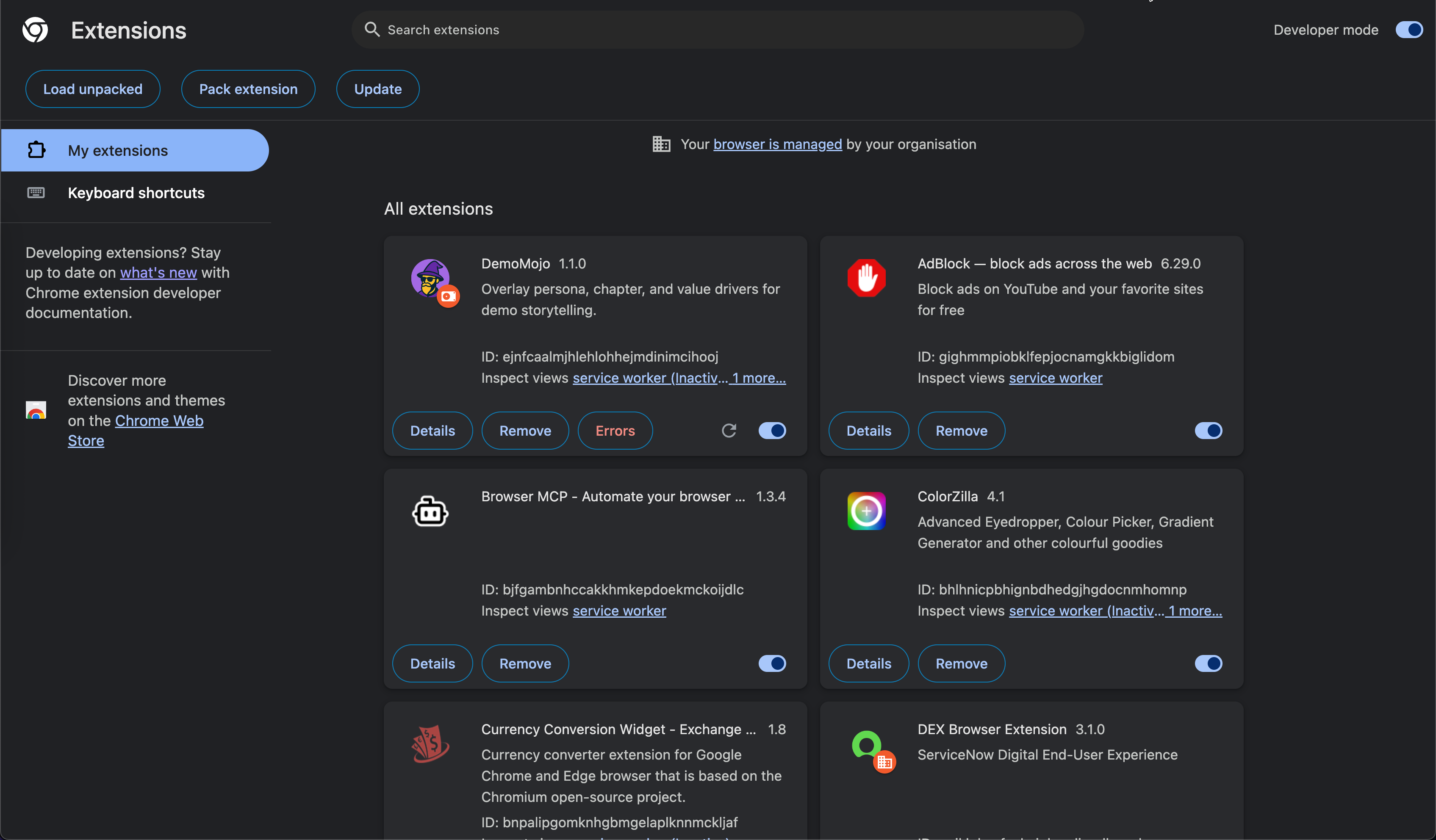 Chrome extensions page with DemoMojo loaded