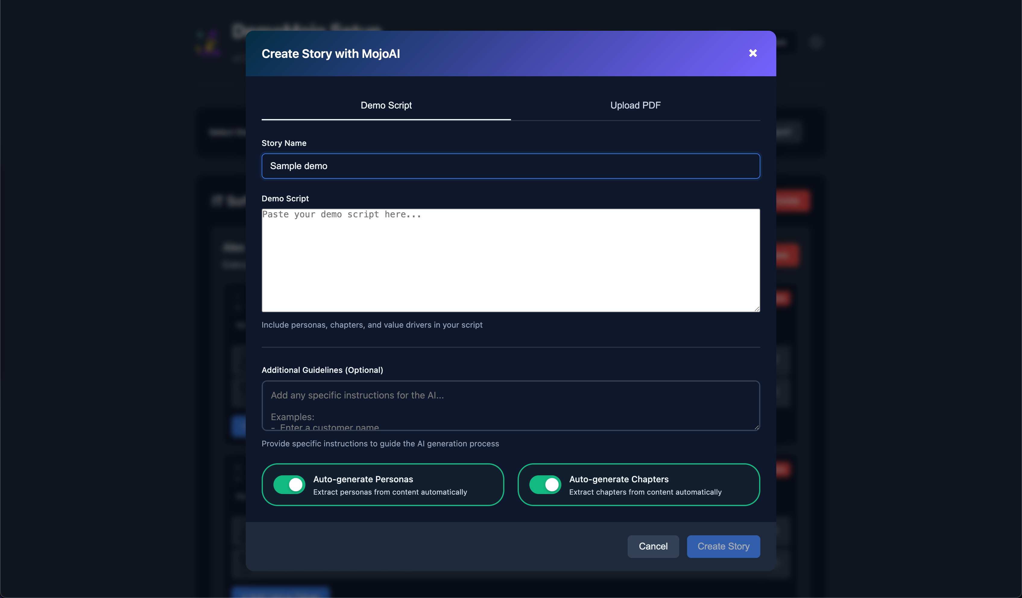 MojoAI Demo Script Tab showing text input interface