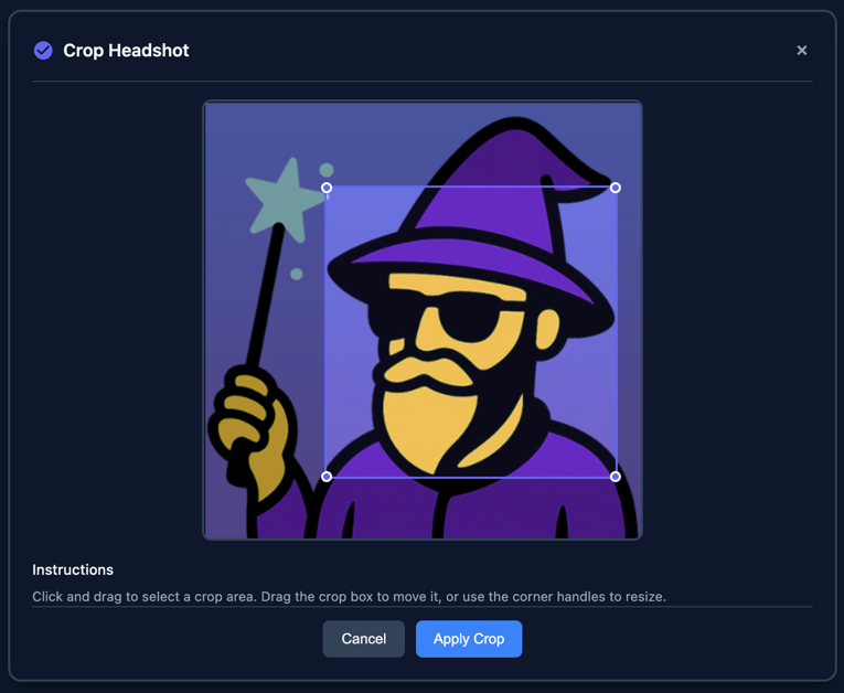 Headshot cropper interface showing the crop box with corner handles on an uploaded image