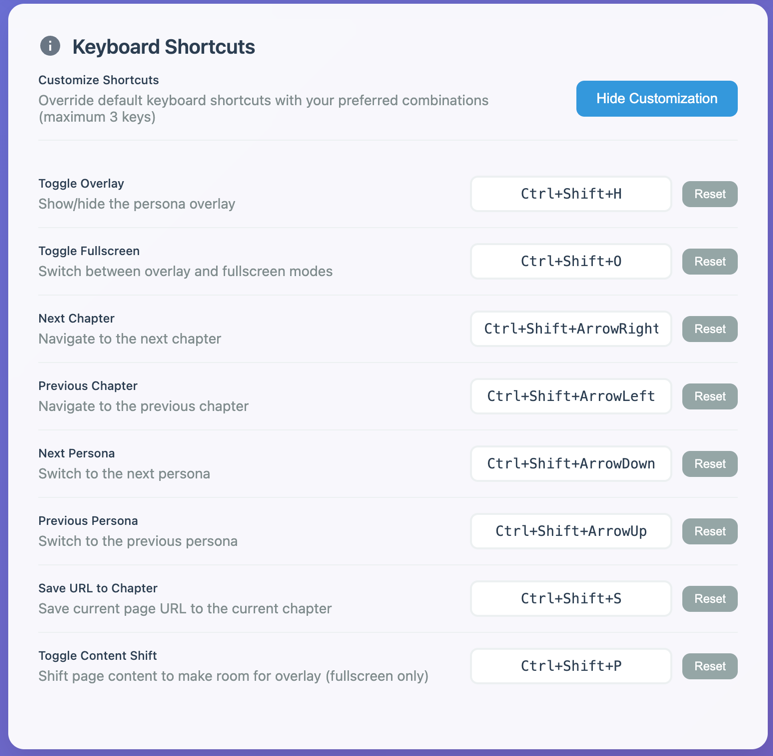 Settings page showing Keyboard Shortcuts section with Customize button and shortcut customization interface