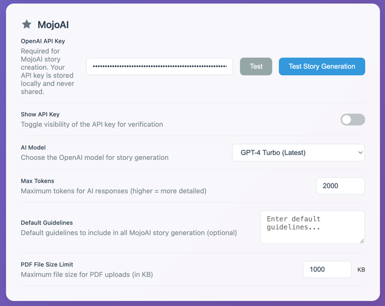 Settings page showing MojoAI configuration section with API key field and model selection