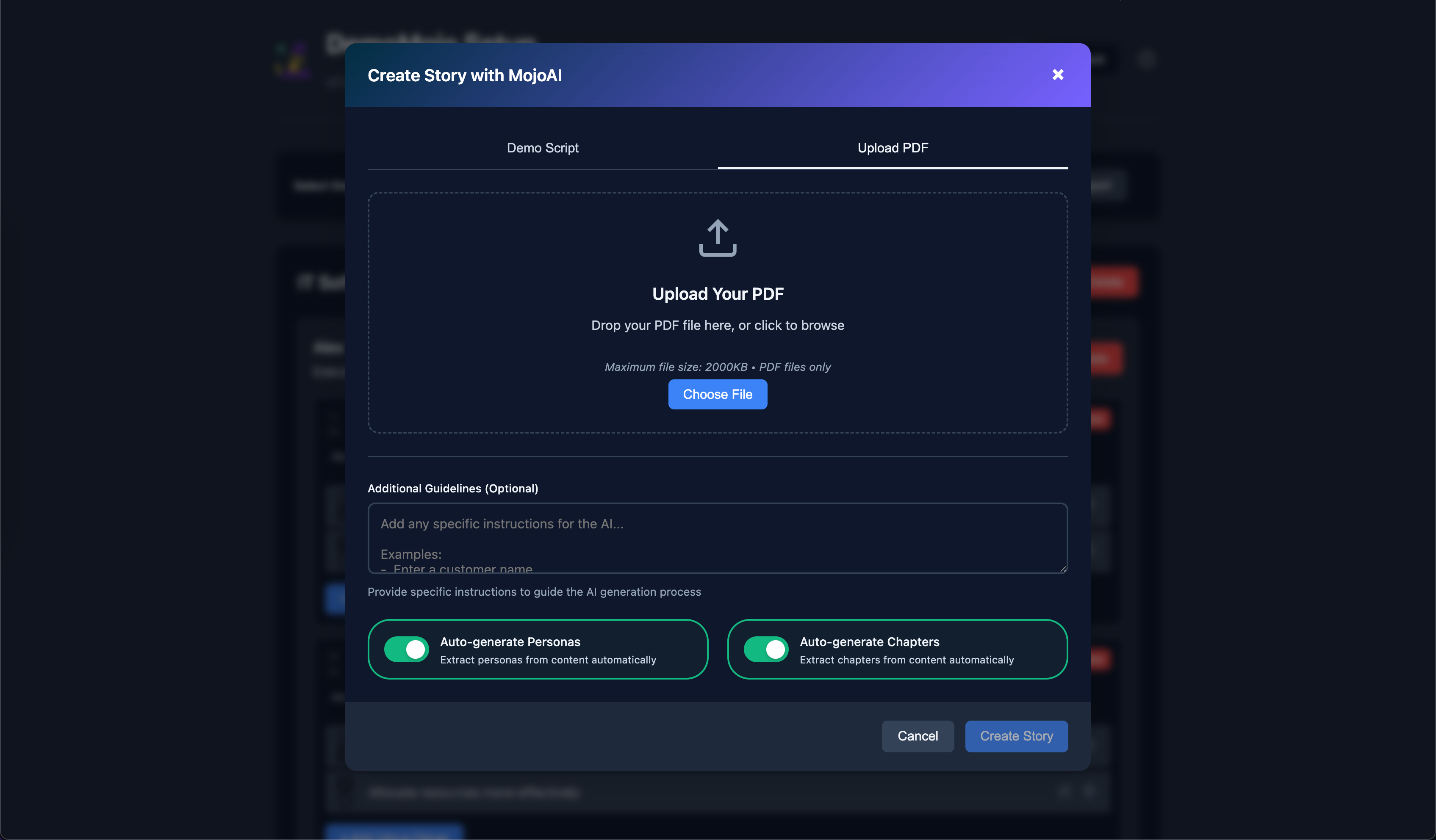 MojoAI PDF Upload Tab showing drag & drop interface