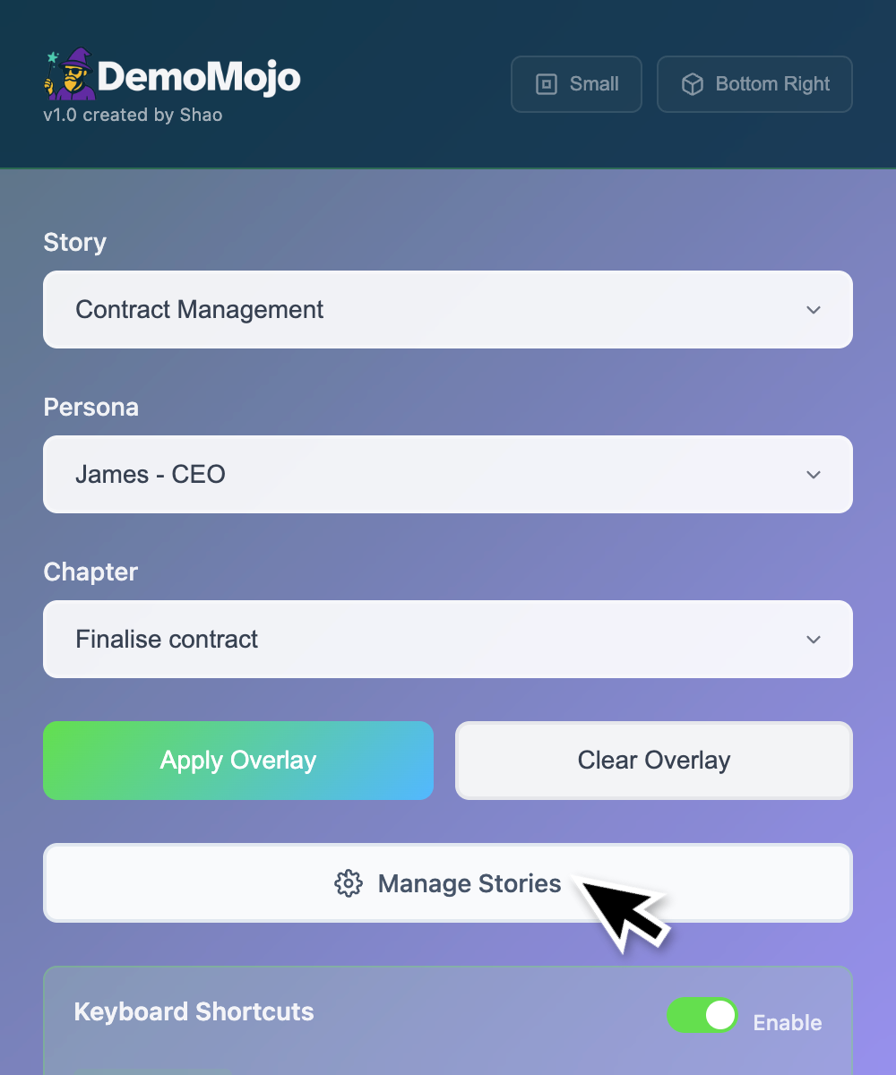 DemoMojo popup with Manage Stories button