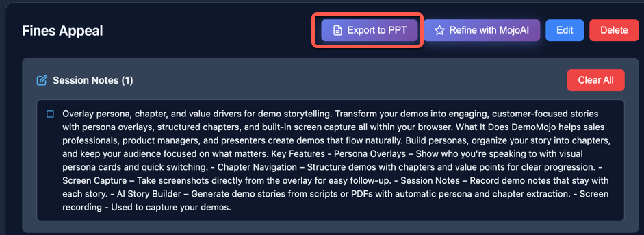 Setup page showing story actions with Export to PPT button visible
