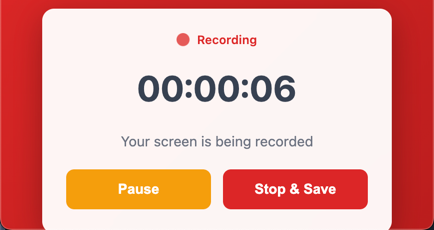 Recording controls window showing timer, Pause button, and Stop & Save button with recording status indicator