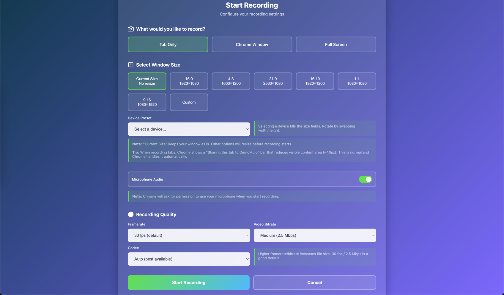 Recording setup page showing capture type selection, window size options, audio toggle, and quality settings