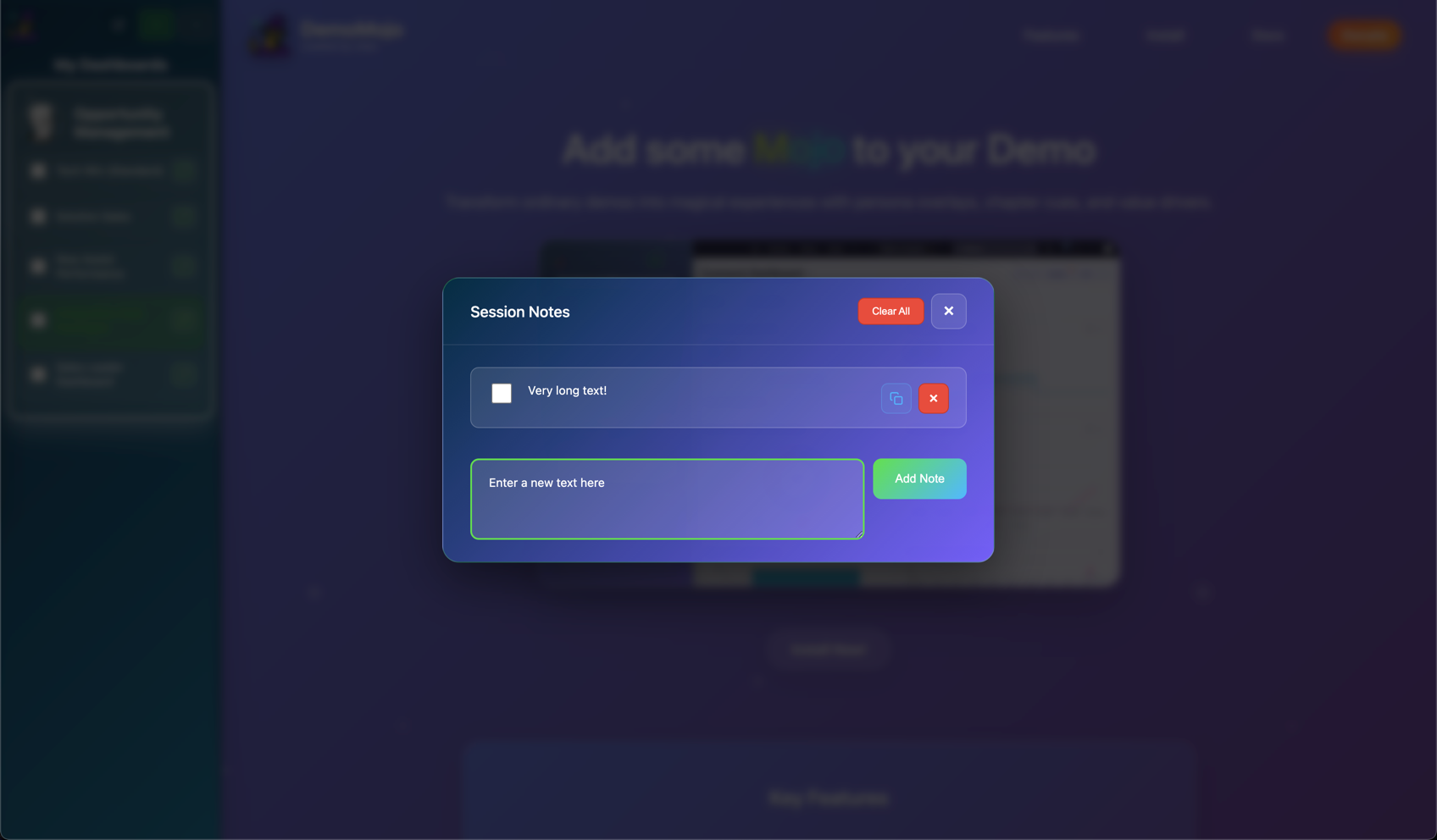 Session notes modal open in fullscreen overlay showing notes list with checkboxes and Clear All button