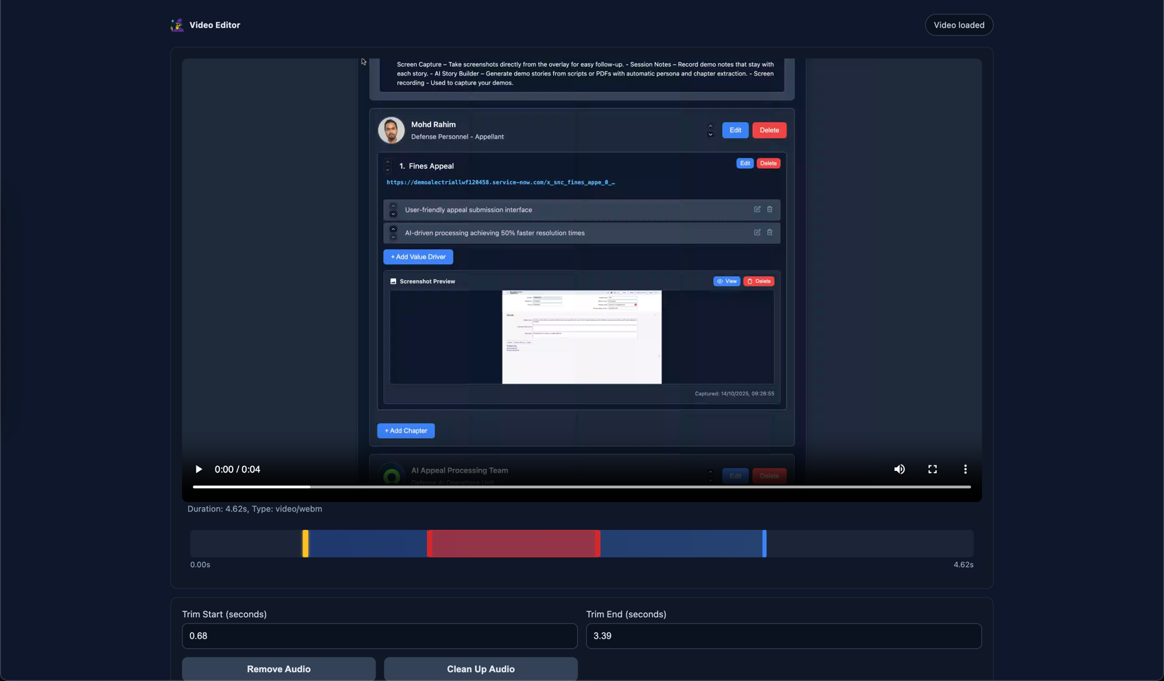 Video editor interface showing video timeline, trim controls, cut segments, audio options, and export buttons